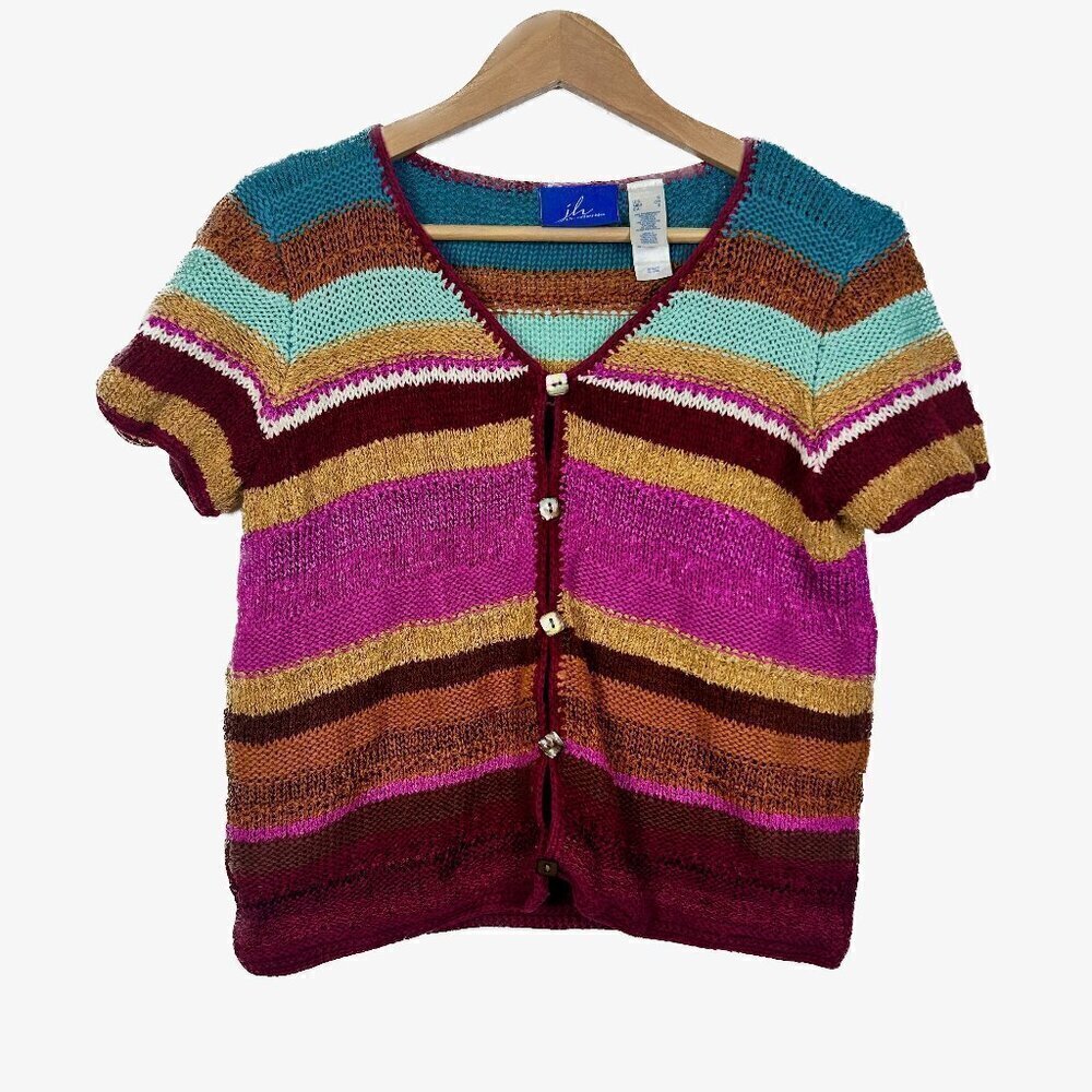 Vintage J.H. Collectibles Striped Short Sleeve Color Block Knit Cardigan Sz.S